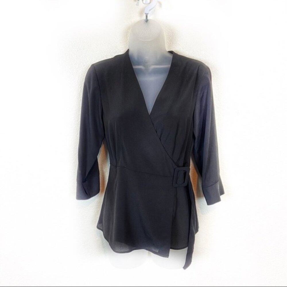 Topshop Women's Black Surplice Neck Wrap Semi-Sheer Top Size 2